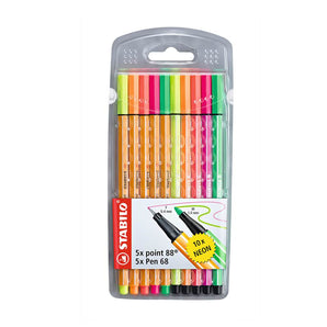 Set 10 Lápices Stabilo - 5 Tiralíneas Point 88 + 5 Marcadores Pen 68 Colores Fluor
