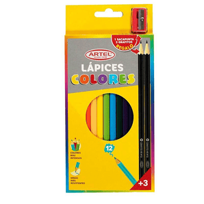 Caja Lapices Colores Con Sacapunta y Grafito Artel 12u