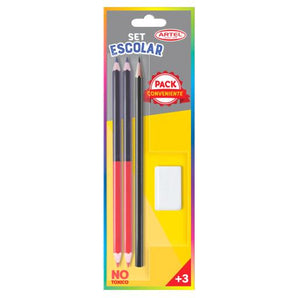 Set Escolar 1 Lápiz Grafito + 2 Bicolor y Goma